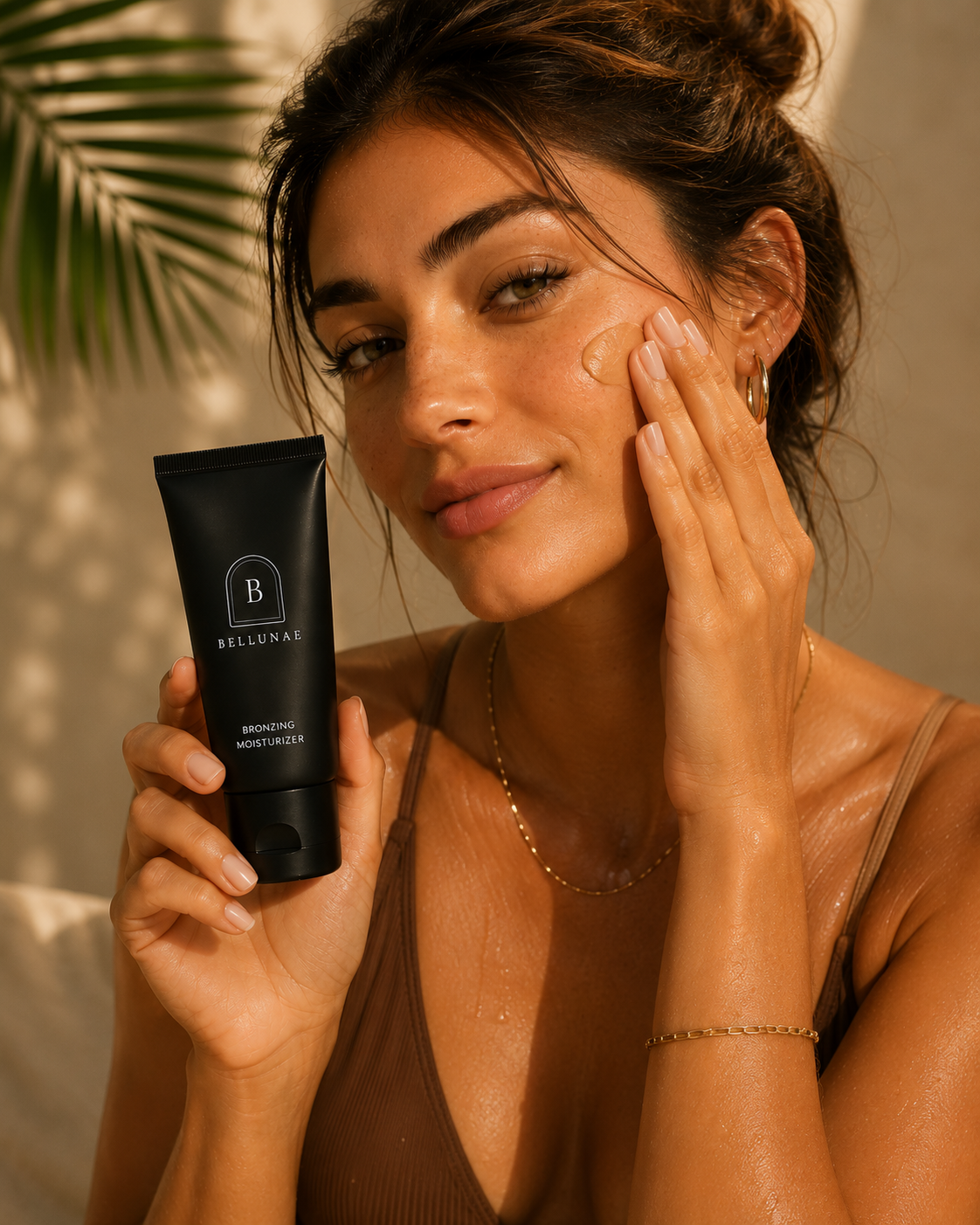 Model applying Bellunae Bronzing Moisturizer