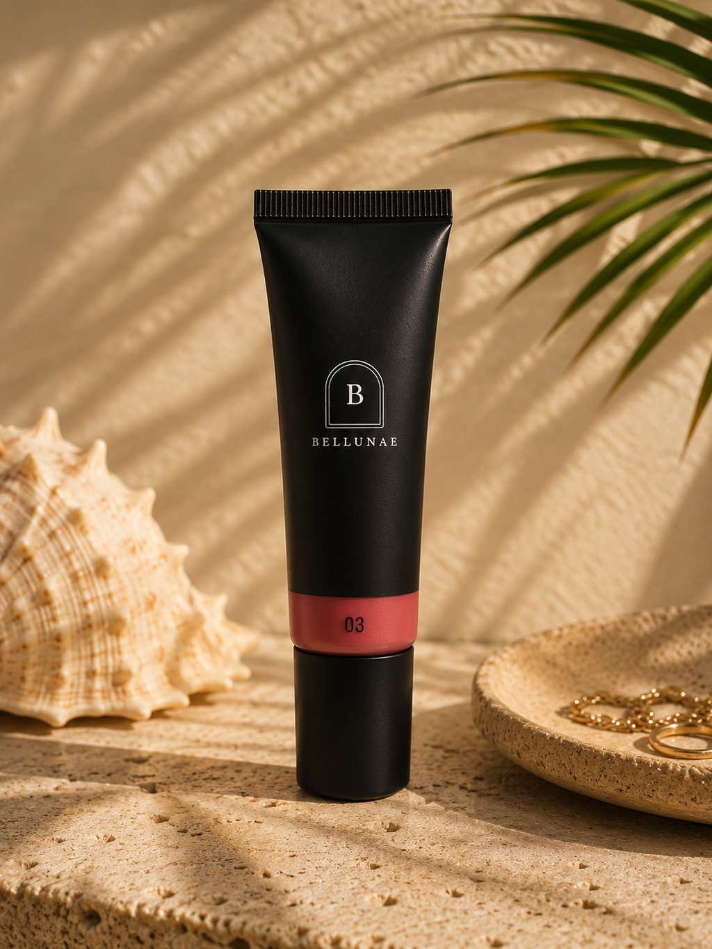 Liquid Blush on sand with seashell and palm frond