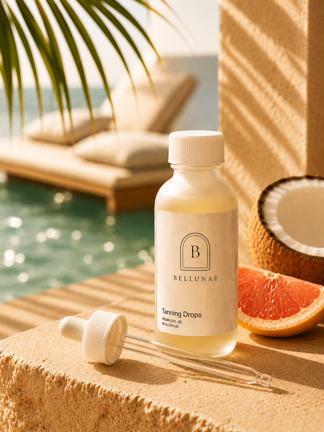 Tanning Drops poolside with coconut and grapefruit